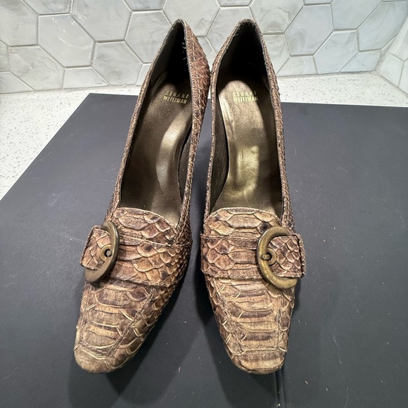Stuart Weitzman Python Pumps Brown Snakeskin Buckle Leather High Heels Size 10 - Picture 12 of 12